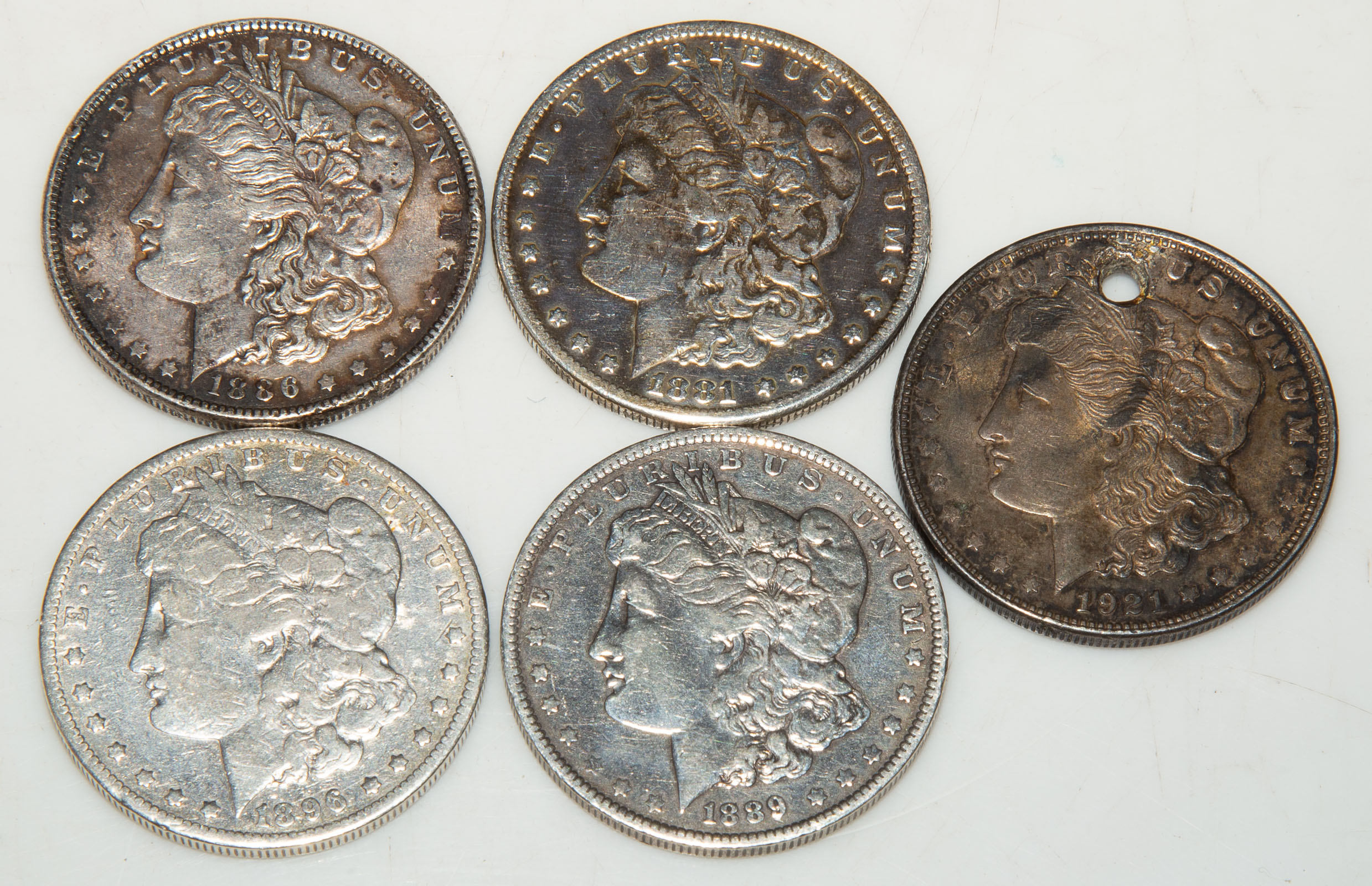 FIVE MORGAN DOLLARS 1921 Holed  31053f