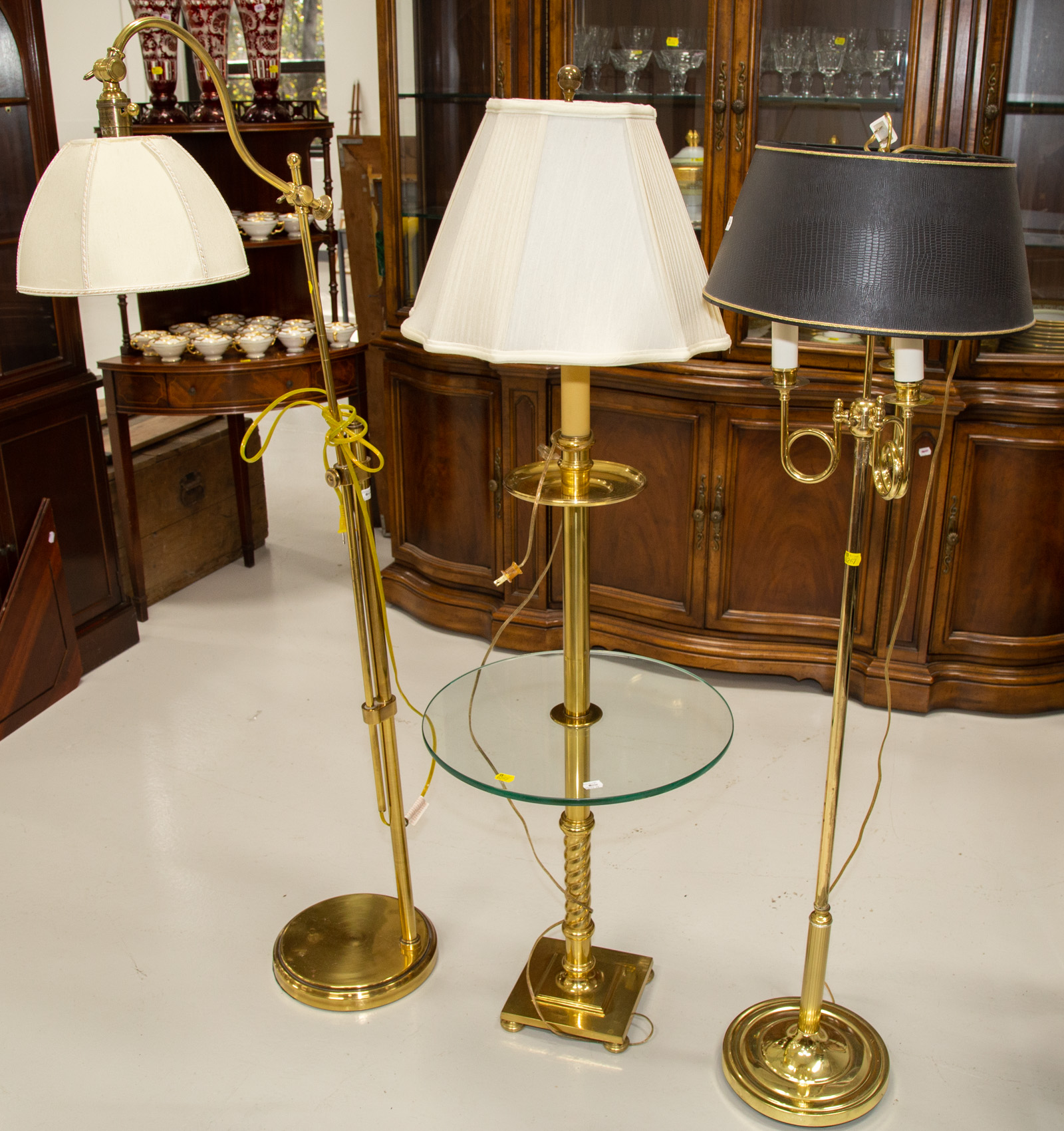 THREE BRASS FLOOR LAMPS Contemporary,