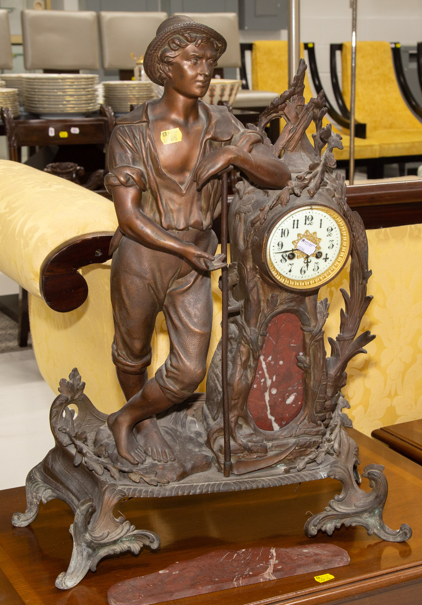 LARGE SPELTER METAL FIGURAL MANTLE CLOCK