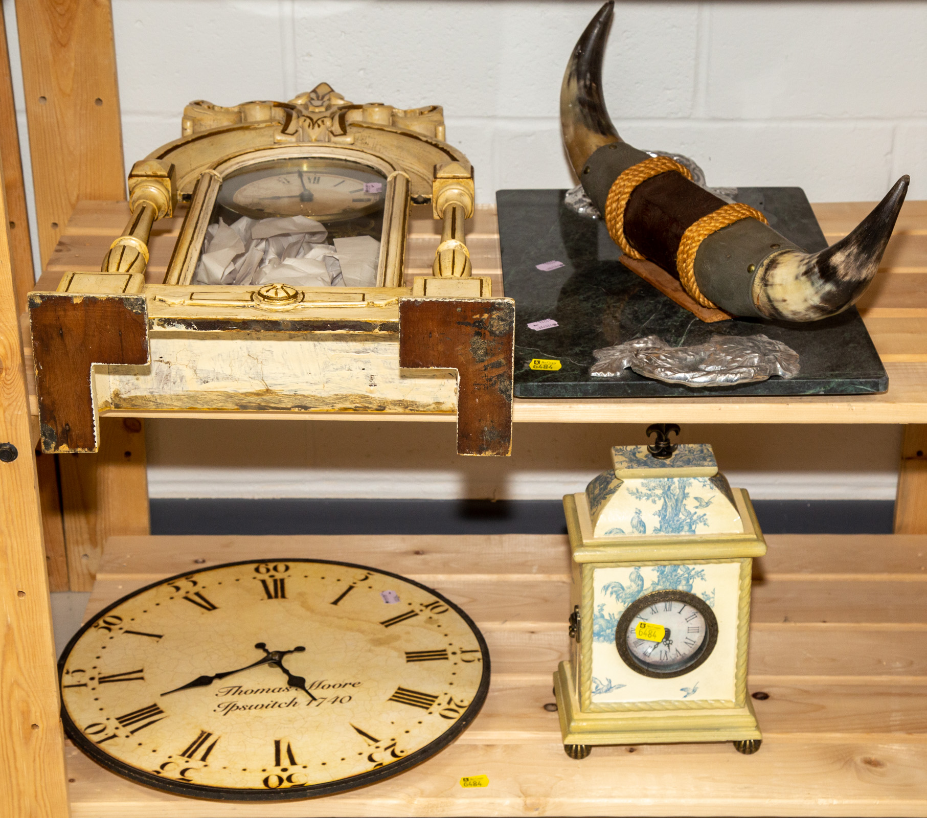 THREE CLOCKS; MARBLE TRAY; MOUNTED