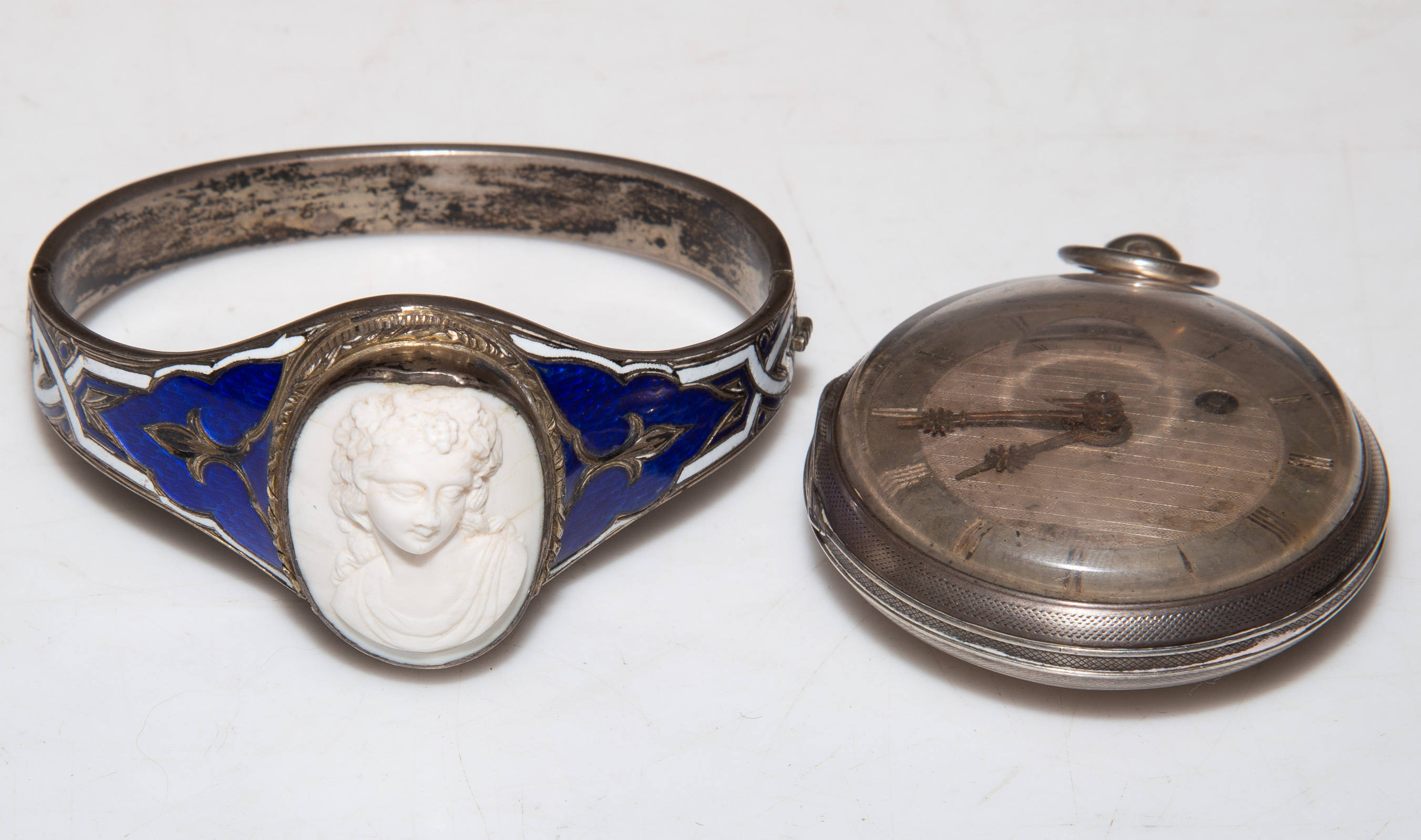 AN ENAMEL CAMEO BRACELET & POCKET WATCH