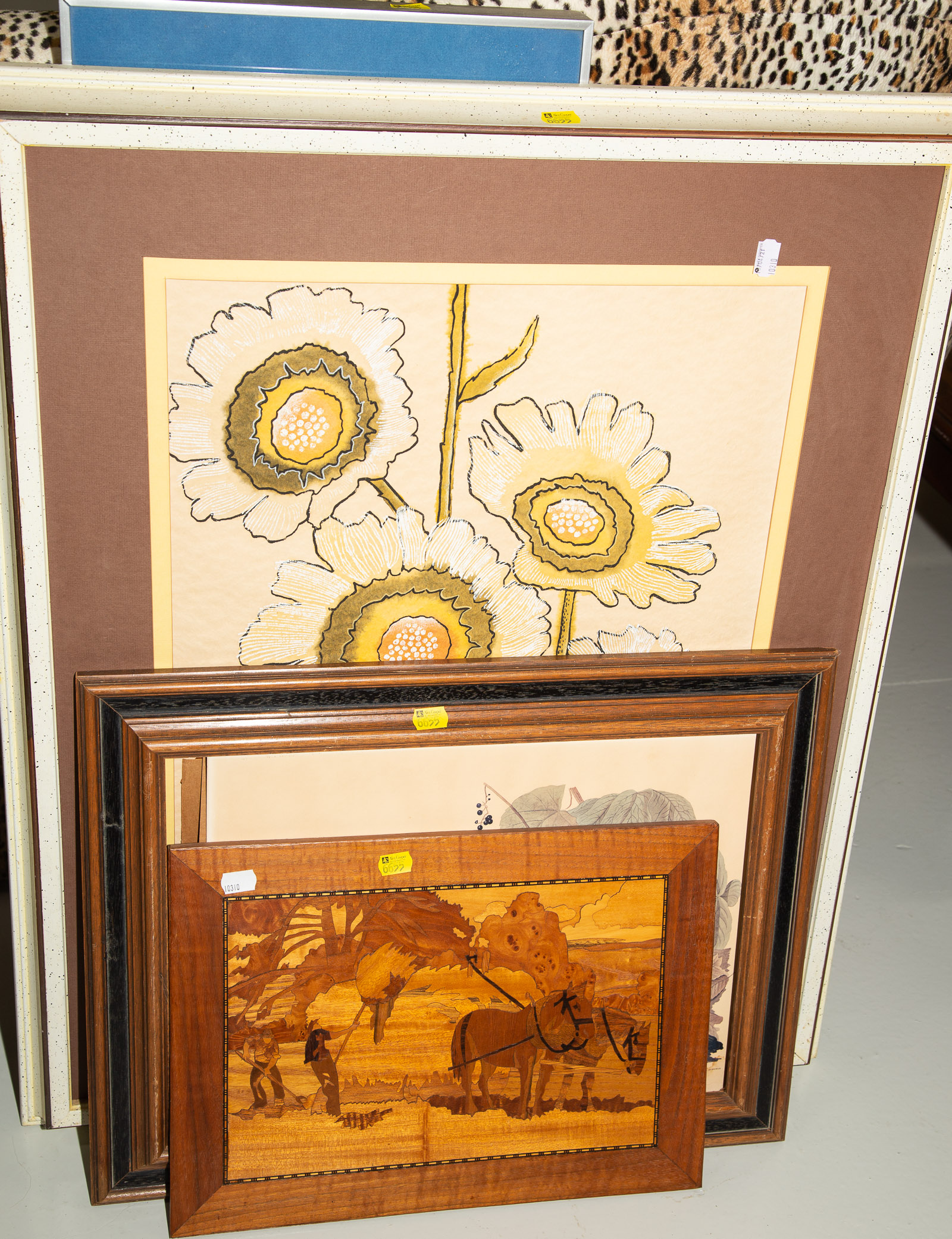 THREE FRAMED ARTWORKS & INLAID WOOD