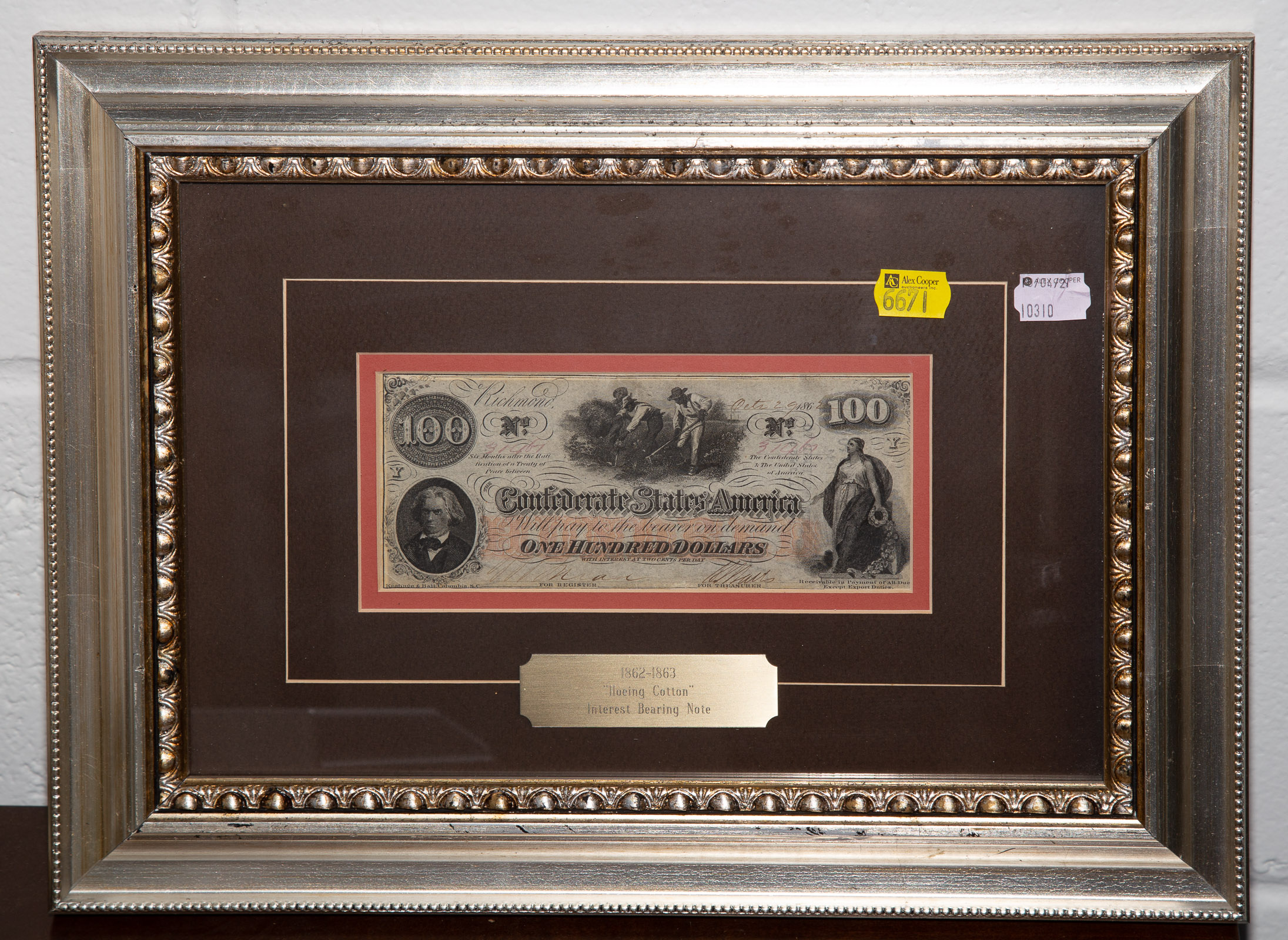 FRAMED CONFEDERATE $100 INTEREST