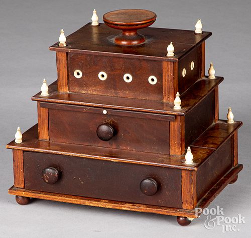 WALNUT TIERED SPOOL CADDY, 19TH