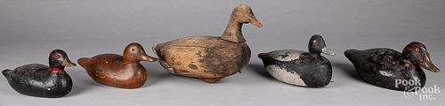 FIVE CARVED AND PAINTED DUCK DECOYS,