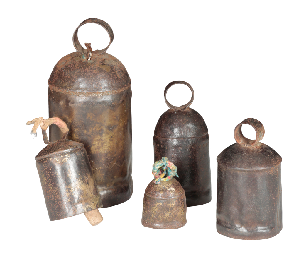 A GROUP OF FIVE COWBELLS early 20th