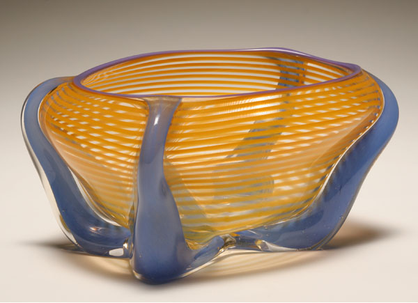 Studio glass bowl with yellow striping