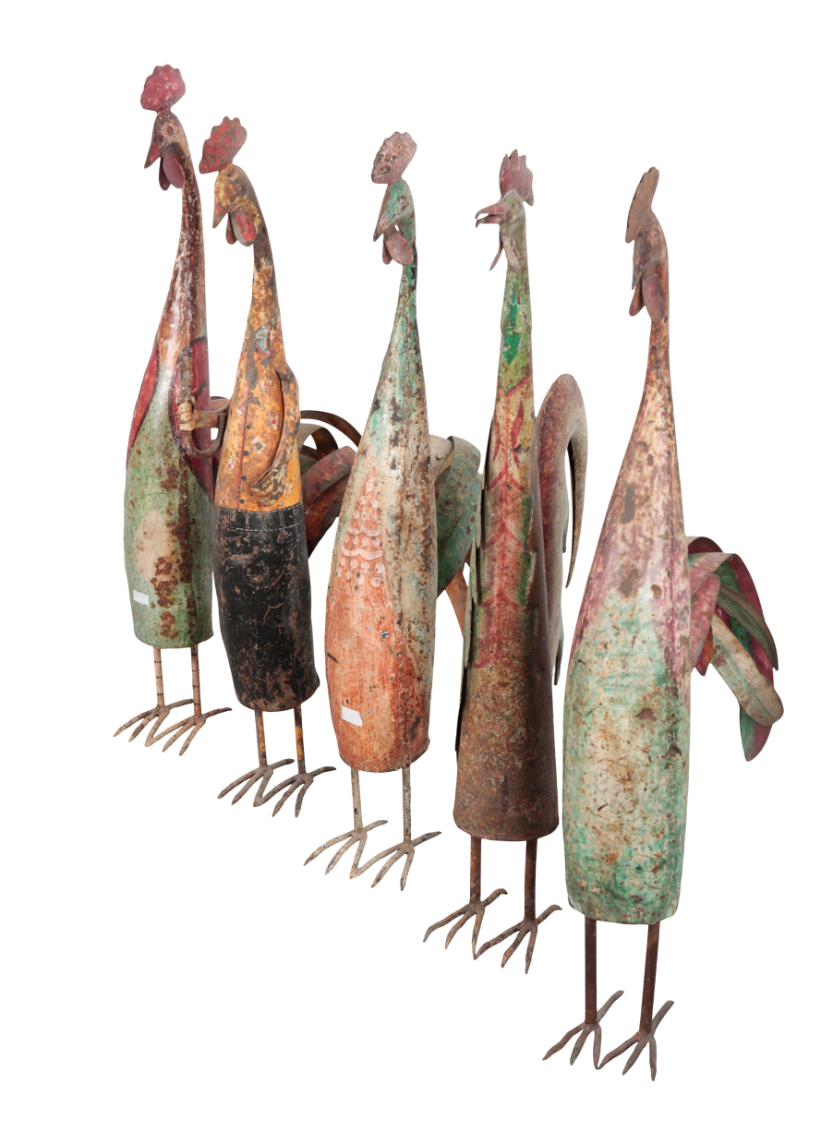 A GROUP OF FIVE PAINTED METAL COCKERELS 310842