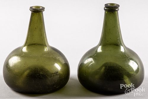 TWO OLIVE GLASS ONION BOTTLES LATE