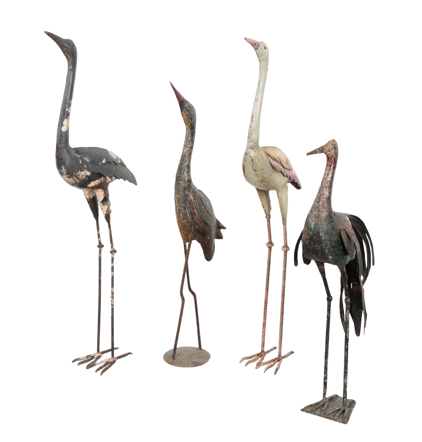 A GROUP OF FOUR PAINTED METAL STORKS 310848