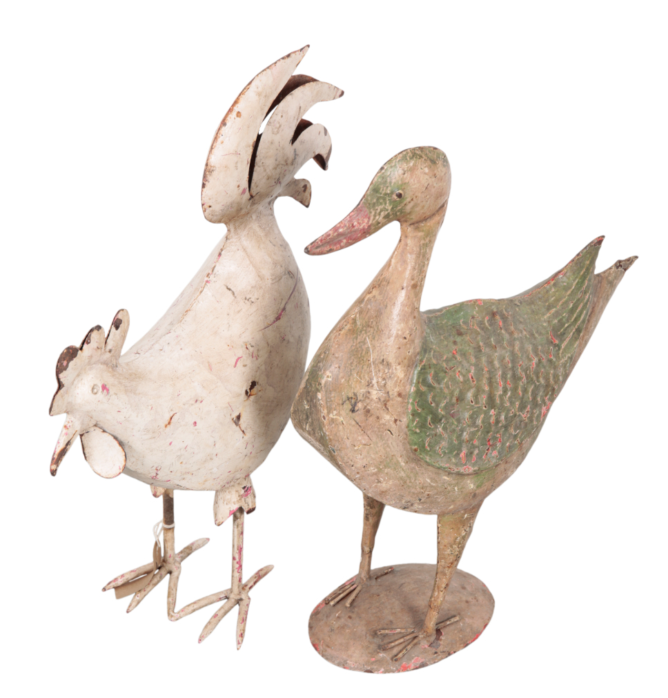 TWO PAINTED METAL BIRDS including