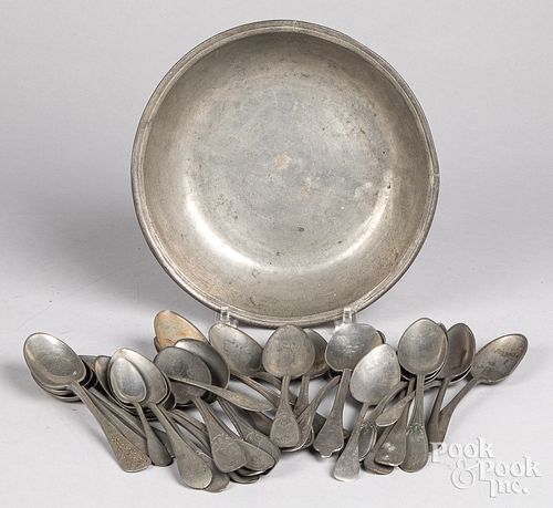 PEWTER BASIN AND SPOONSPewter basin 310872