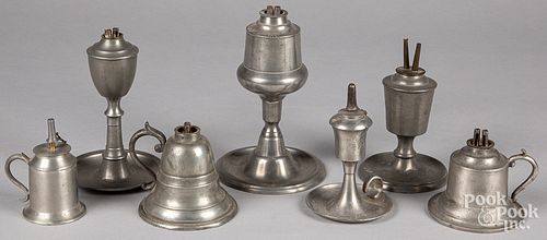SEVEN AMERICAN PEWTER OIL LAMPS  31088a