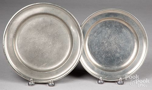 TWO PEWTER PLATES, 18TH C.Two pewter