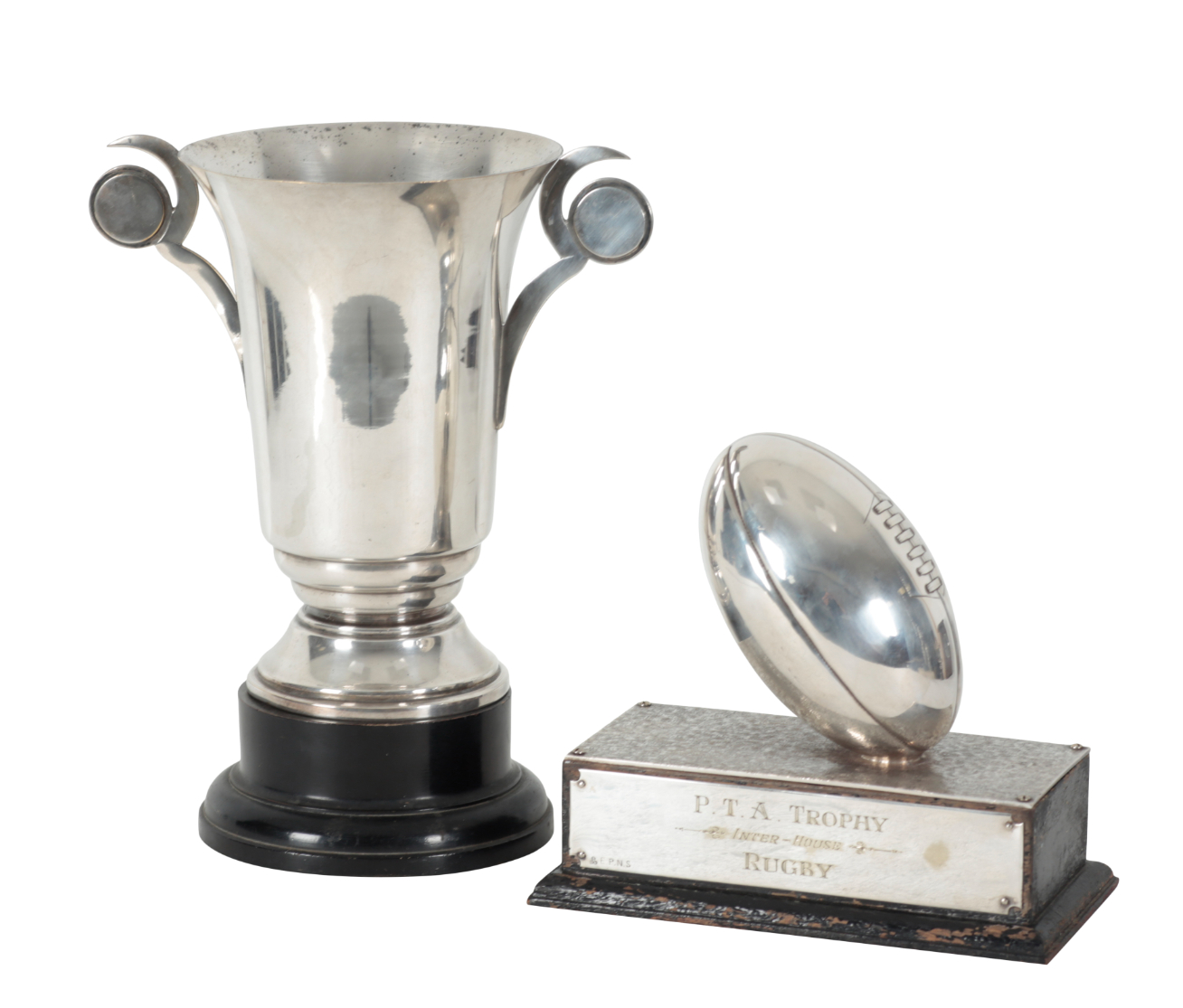 A SILVER PLATED RUGBY TROPHY P.T.A.