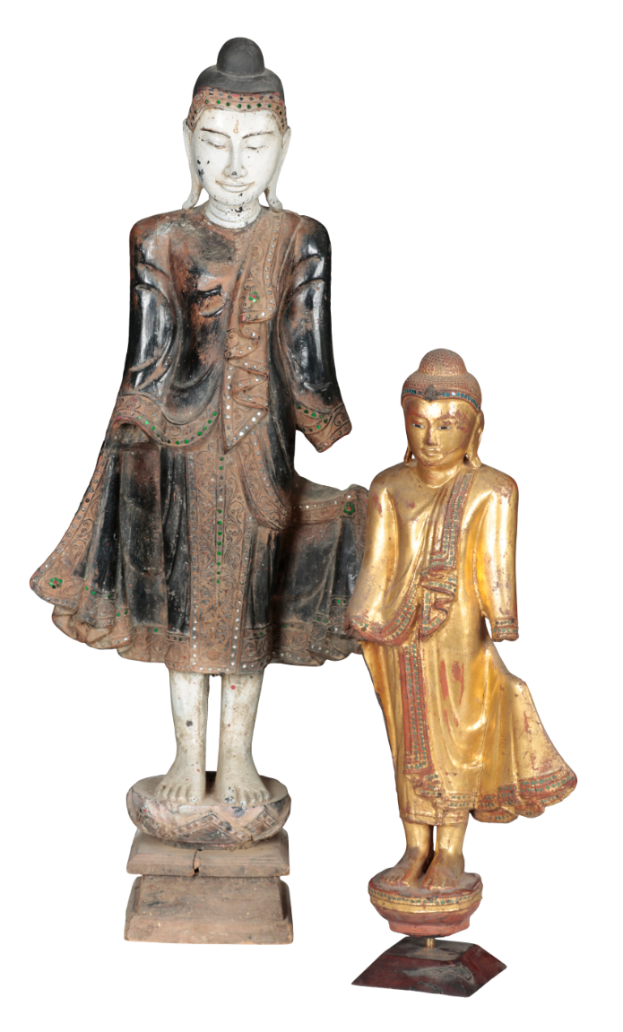 TWO PAINTED AND CARVED WOOD BUDDHA 310945