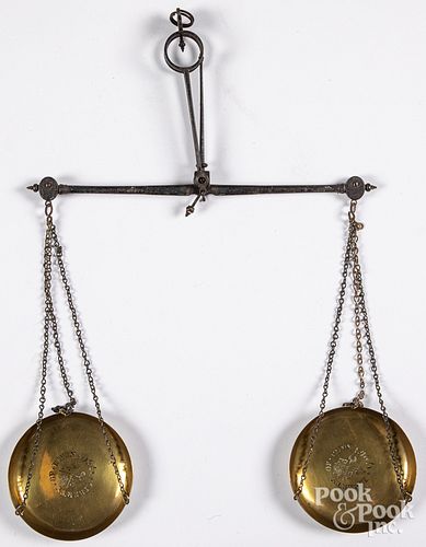 EARLY BRASS AND IRON HANGING SCALE,
