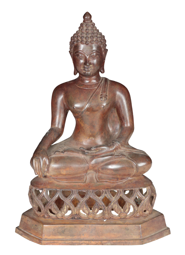 A BRONZE FIGURE OF BUDDHA seated cross-legged,