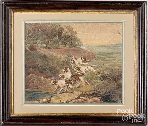 ENGLISH WATERCOLOR OF HUNTING DOGS,