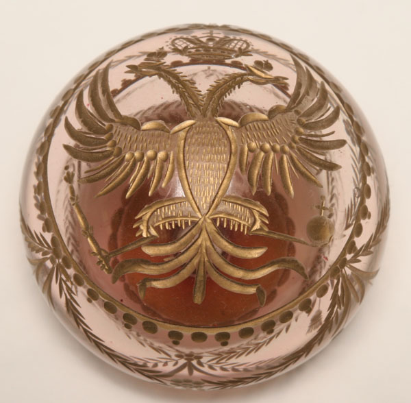 Glass paperweight with engraved gilt
