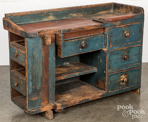 BLUE PAINTED WORK BENCH, 19TH C.Blue