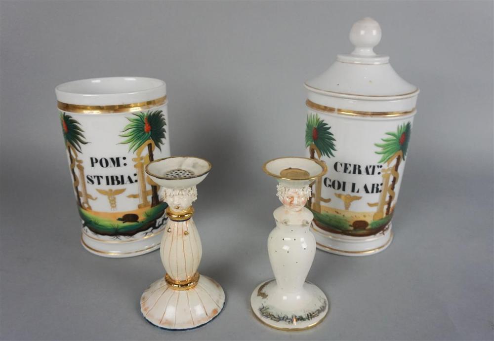 PAIR OF ENAMELED CANDLESTICKS AND