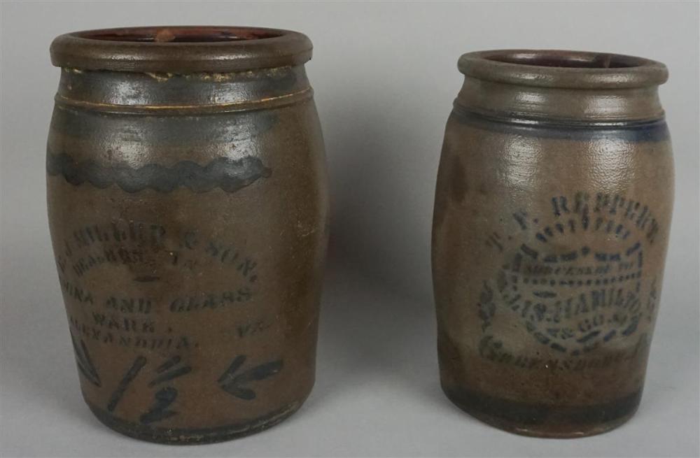 TWO STENCILED STONEWARE JARS: T. F.