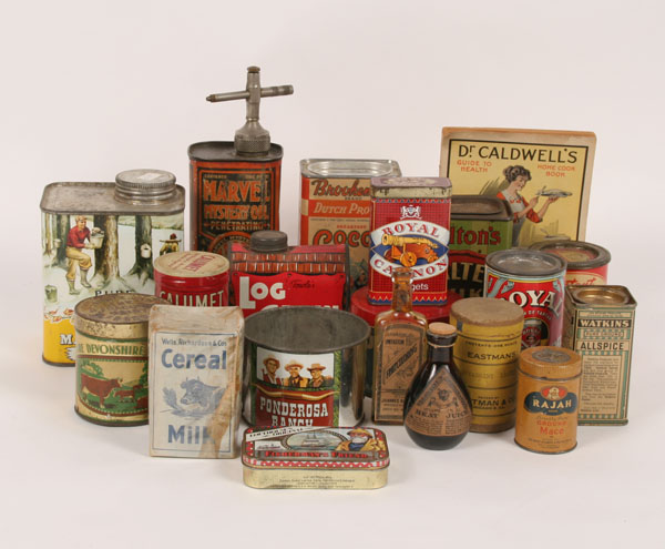 Includes log cabin syrup tins,