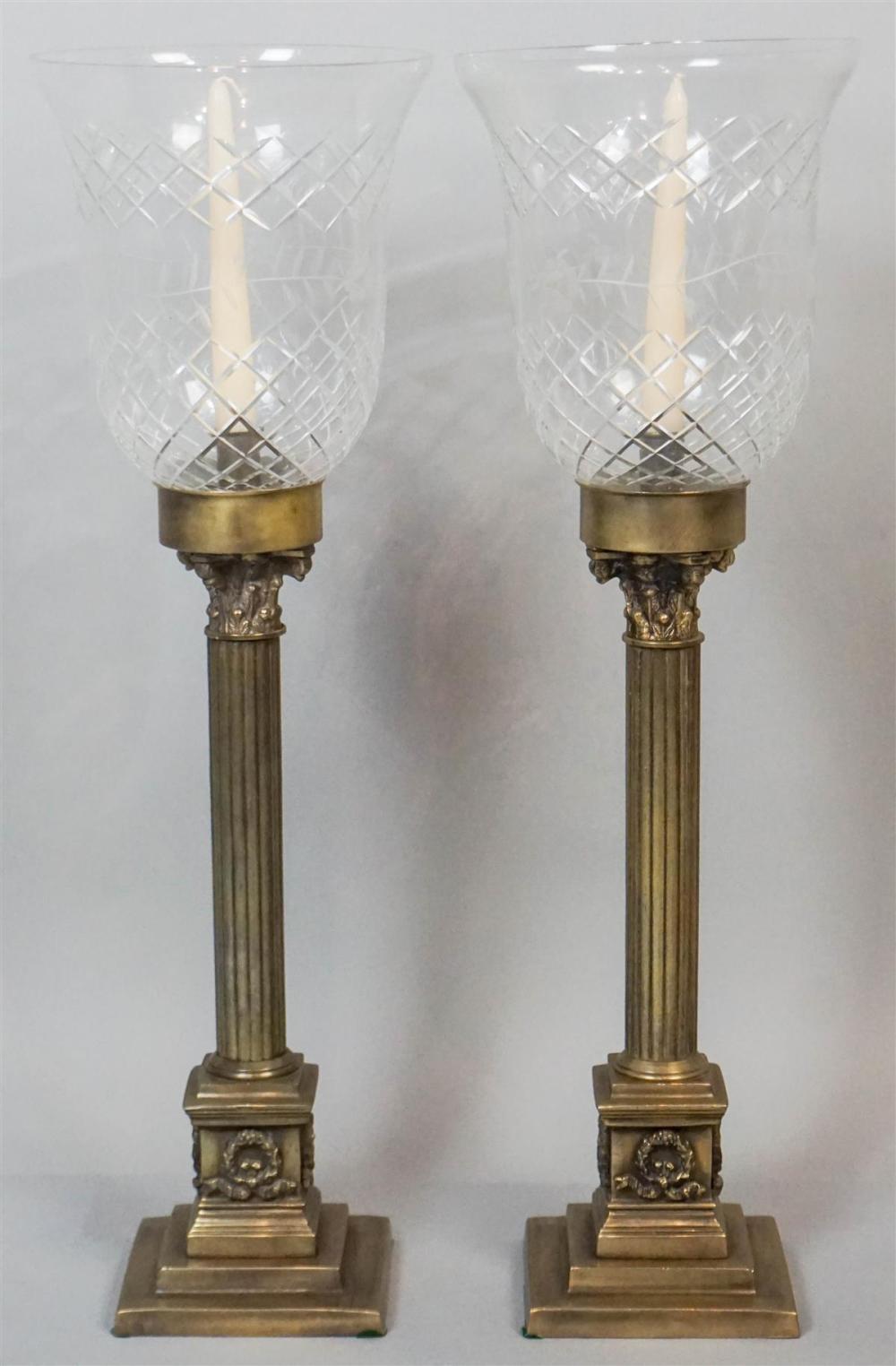 PAIR OF BRASS AND GLASS HURRICANE