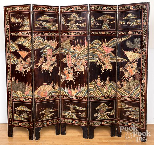 CHINESE LACQUER FIVE PART FOLDING 3138a0