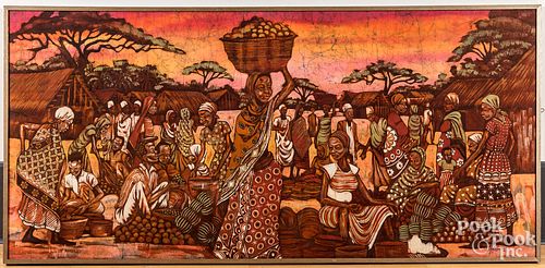 OIL ON FABRIC AFRICAN VILLAGE  3138e7