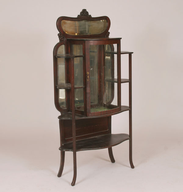 Art Nouveau mirrored etagere; bow front