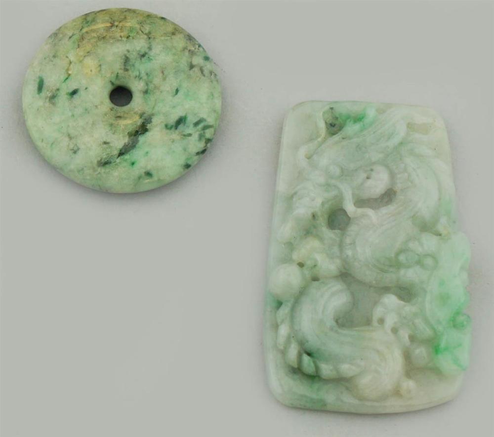 TWO CARVED GREEN JADE PENDANTSTWO 313947