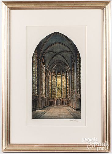 SIGNED ENGRAVING OF A CHURCH INTERIORSigned