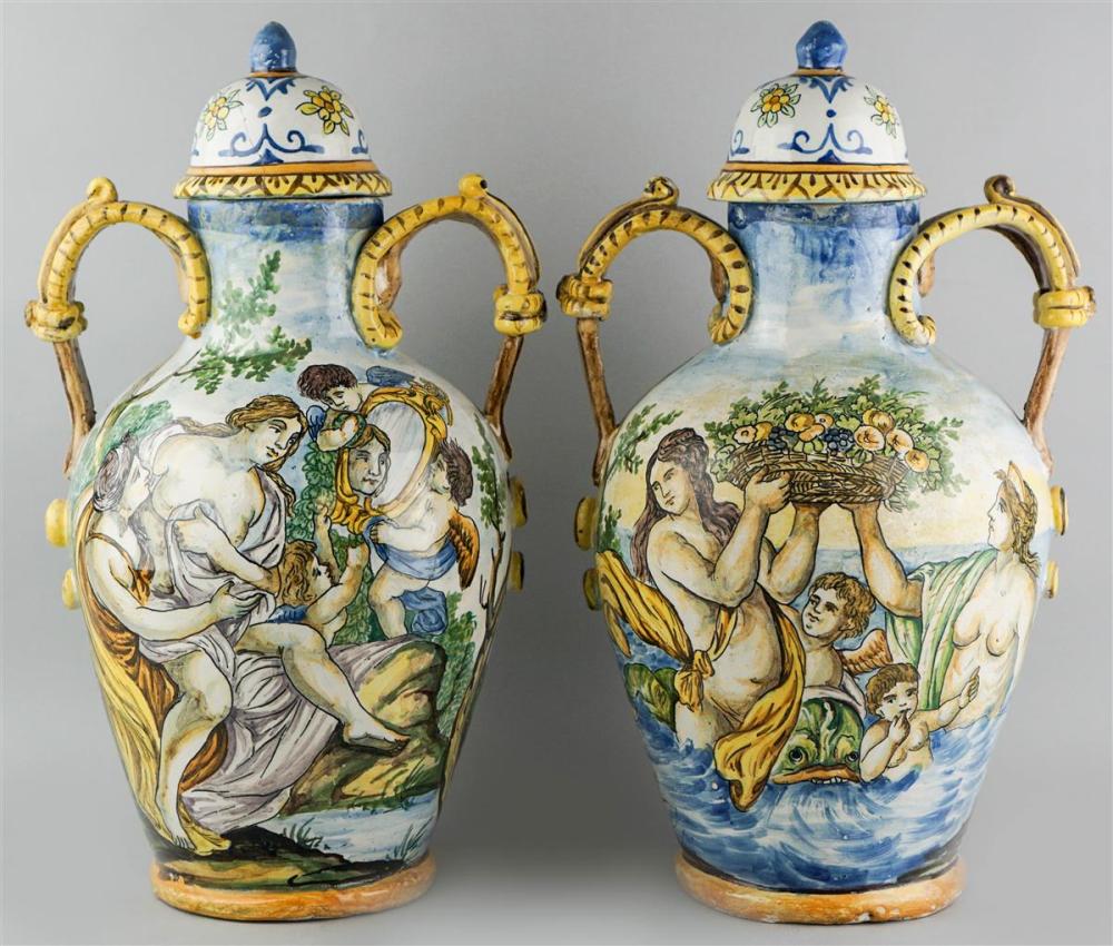 TWO ITALIAN MAIOLICA URNS DECORATED 313a21