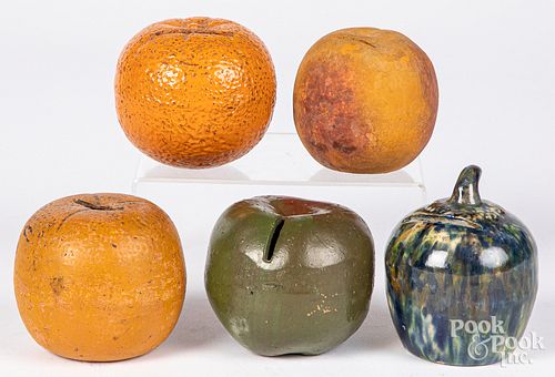FIVE REDWARE AND CERAMIC FRUIT-FORM