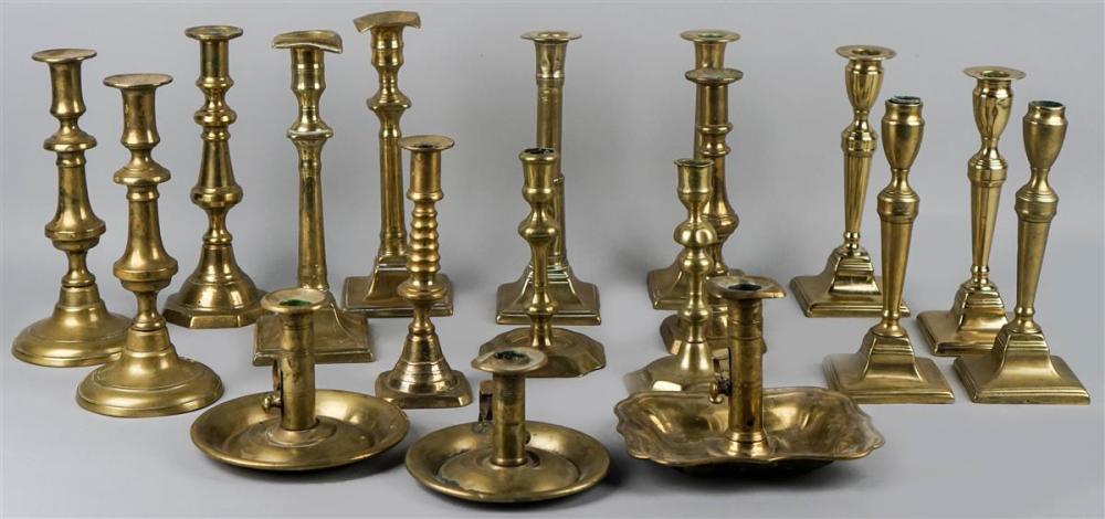 COLLECTION OF 18 BRASS CANDLESTICKS