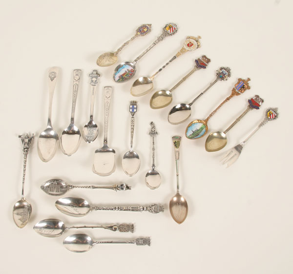 Twenty European souvenir spoons, some