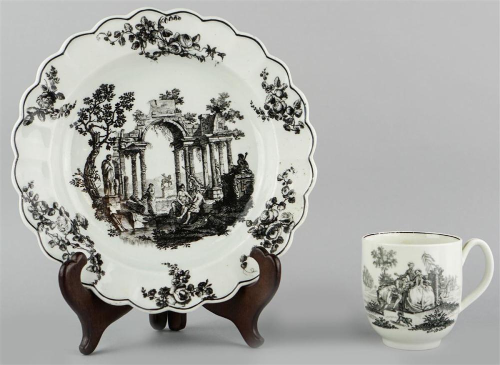 WORCESTER BLACK PRINTED PLATE AND CUP,