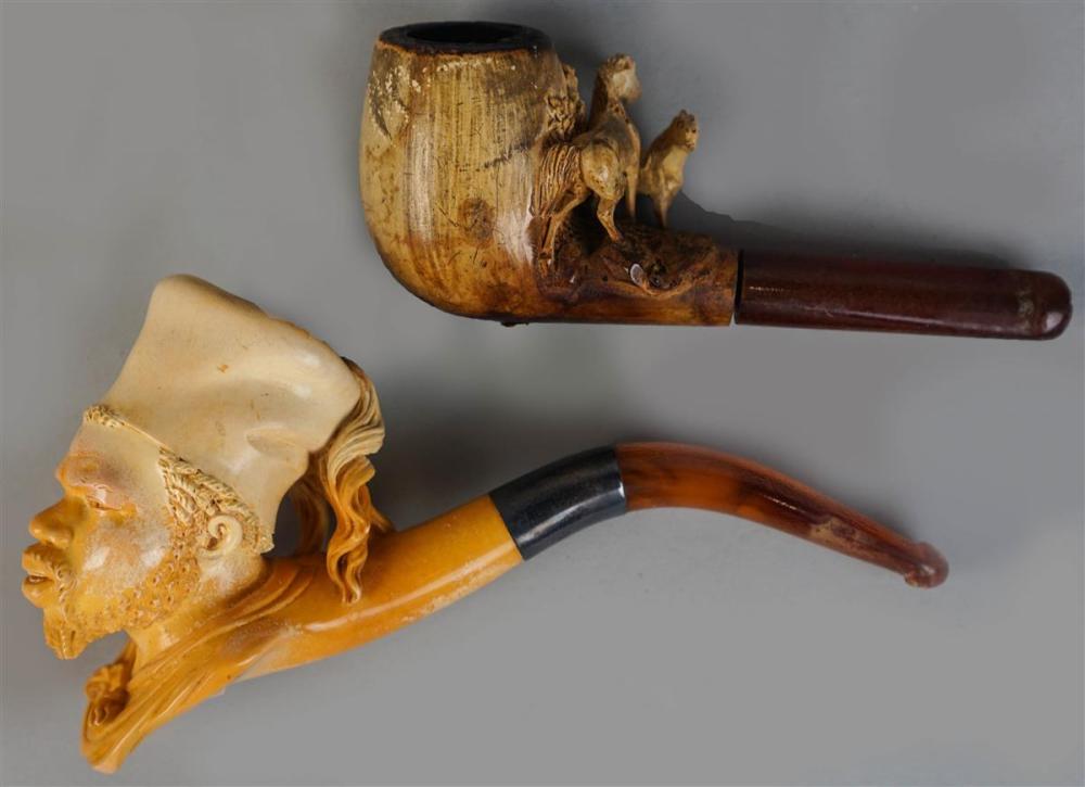 TWO CARVED MEERSCHAUM PIPES IN