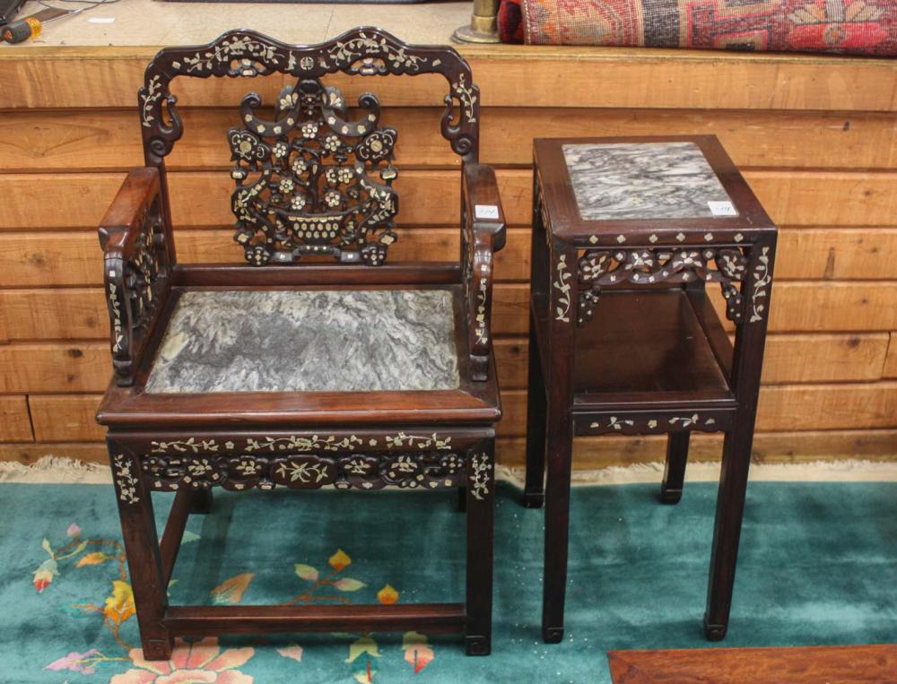 MING STYLE ARMCHAIR AND SIDE TABLE,