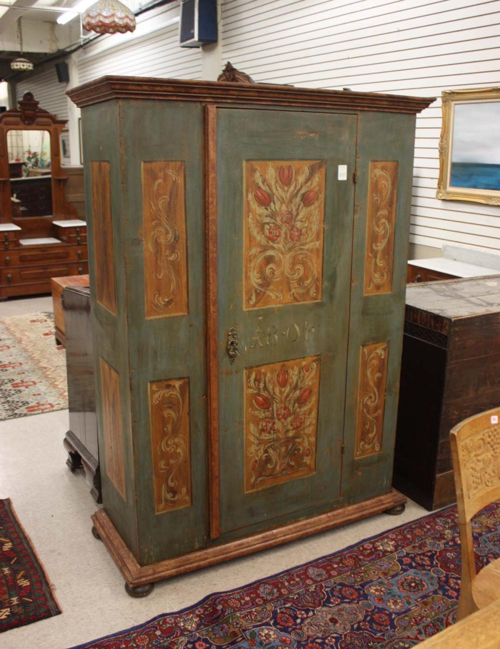 PAINT DECORATED PINE WARDROBE DATED 313eba