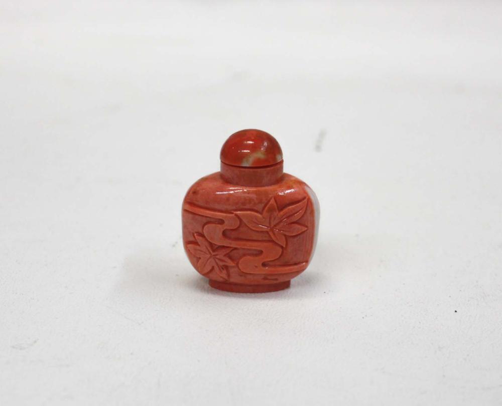 CHINESE CARVED CORAL SNUFF BOTTLE,