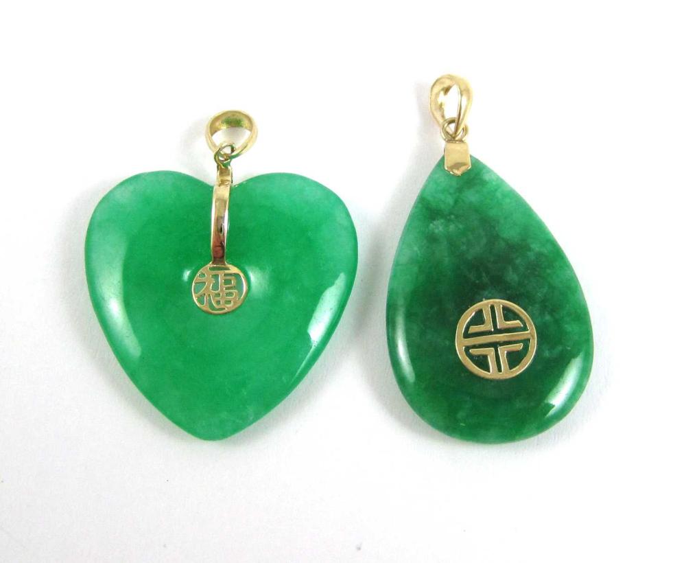 TWO JADE AND FOURTEEN KARAT GOLD