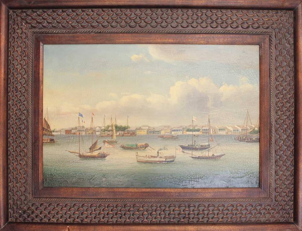 HARBOR SCENE OIL ON CANVAS, CHINESE