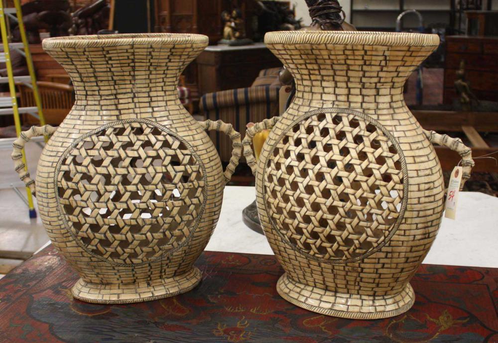 PAIR OF CHINESE BONE BASKET VASES,