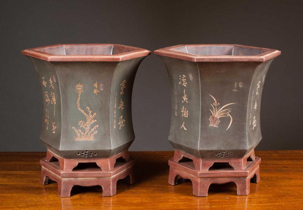 PAIR OF CHINESE ZISHA PLANTERS,