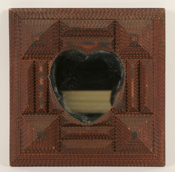 Tramp art chip carved heart mirror