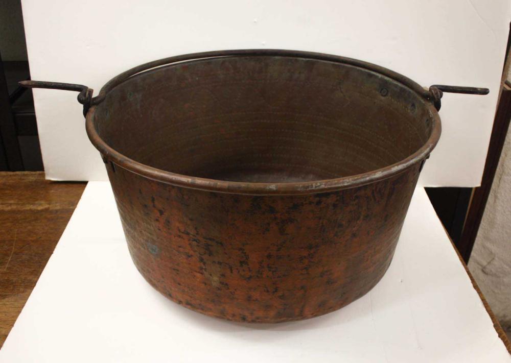 LARGE COPPER KETTLE, HAND WROUGHT,