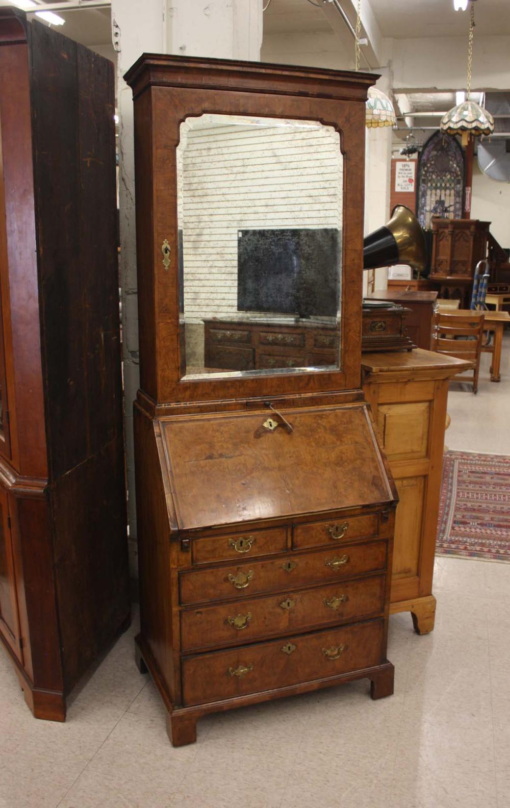 QUEEN ANNE BURL WALNUT SECRETARY, ENGLISH,